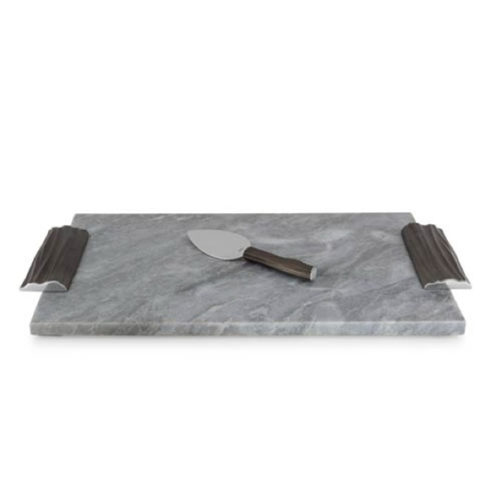 Michael Aram Silver and Brown Marble Cheese Board with Knife